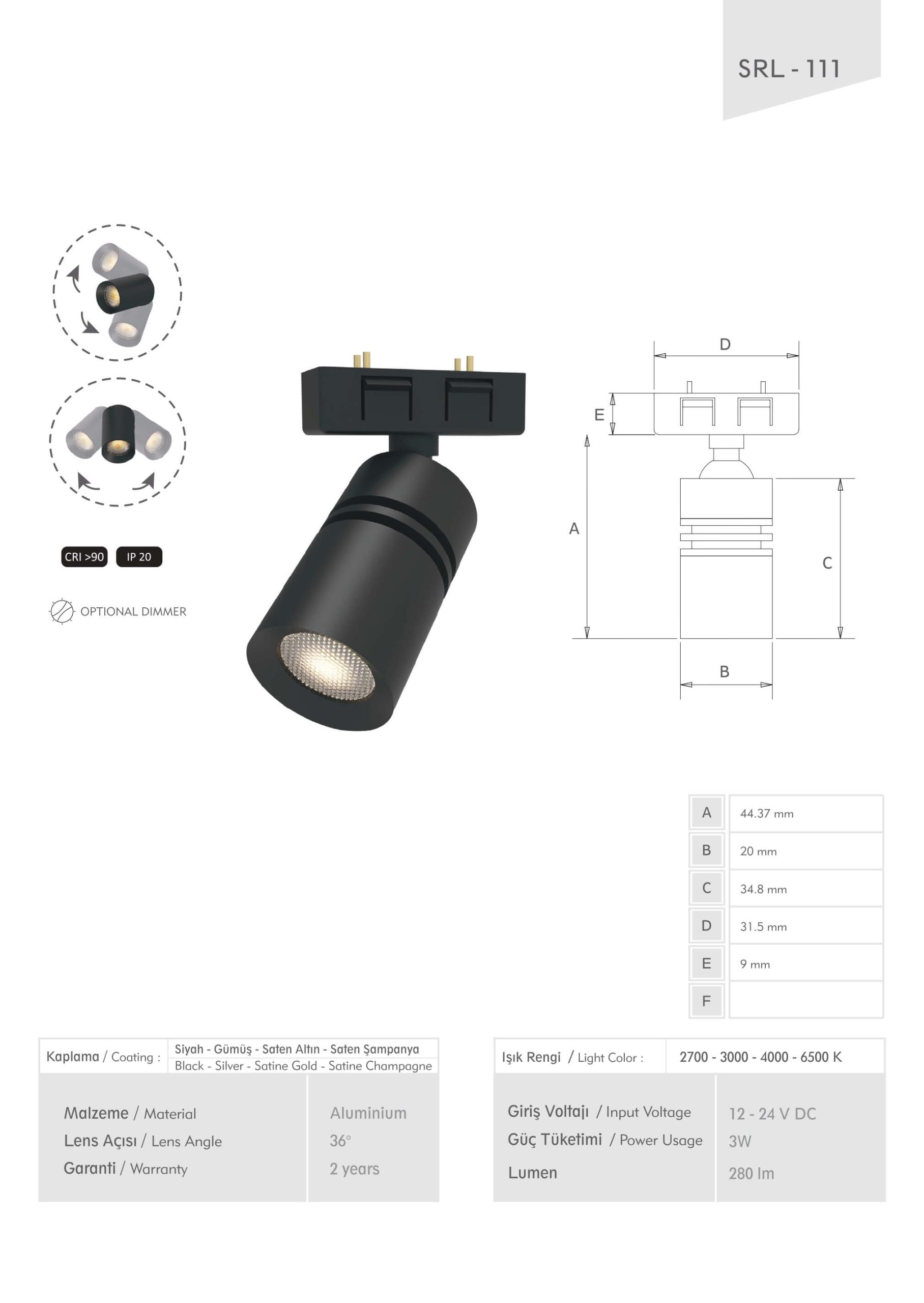 SRL-111 - Sorel Kabin İçi Mini Ray Spot - Müze, Mücevher ve Karavan Aydınlatması - Teknik Çizim