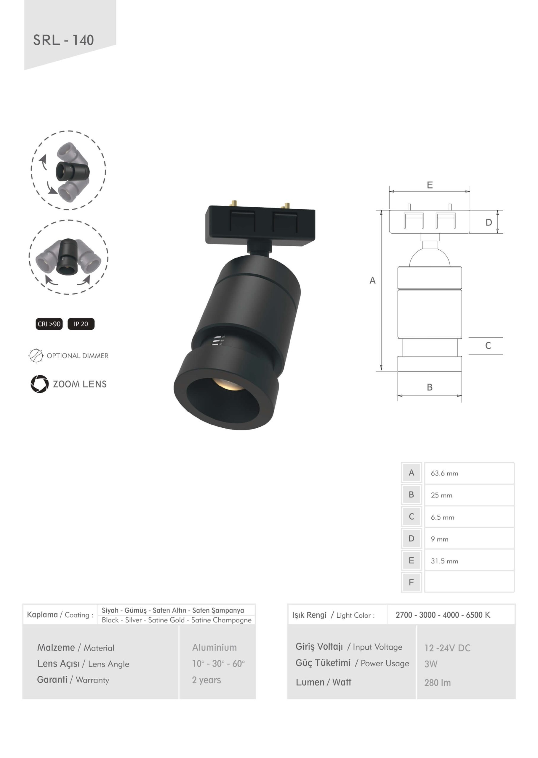 SRL-140 - Sorel Zoomlu Mini Ray Spot - Müze, Mücevher ve Karavan Aydınlatması - Teknik Çizim